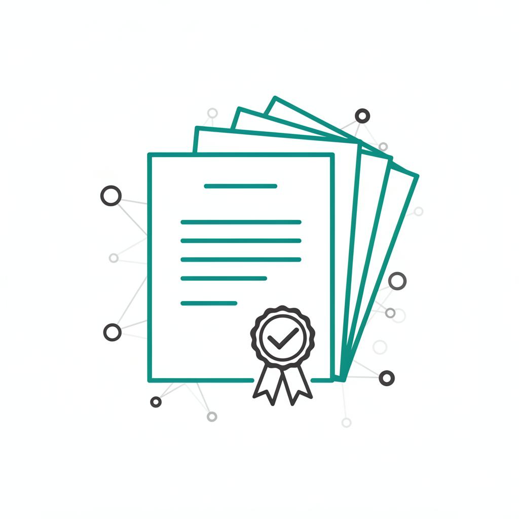 Illustration of a document with a checkmark seal and papers fanning into order