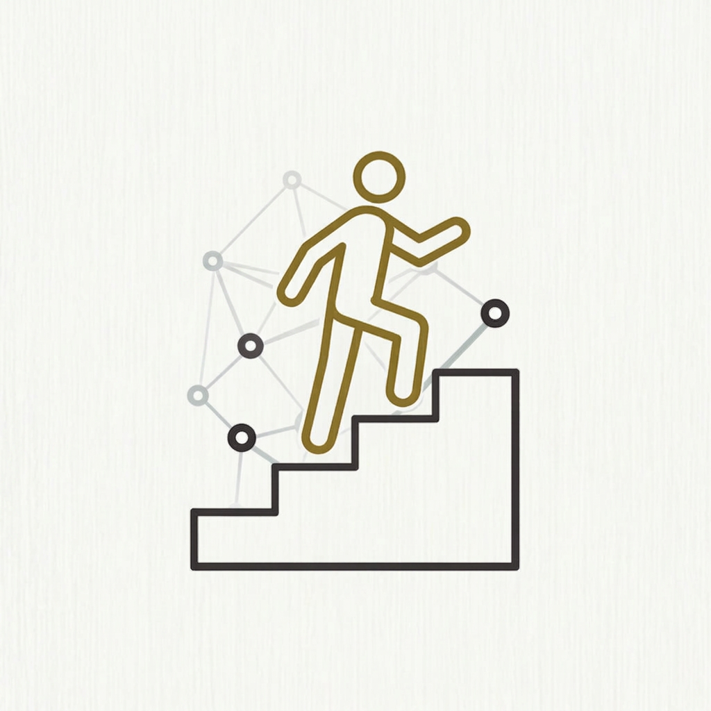 Illustration of a figure ascending stepped platforms