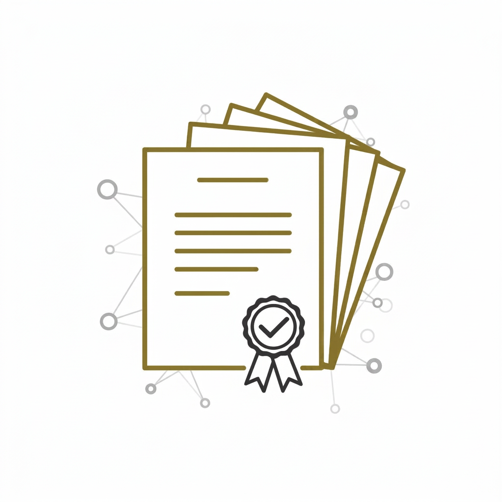 Illustration of a document with a checkmark seal and papers fanning into order