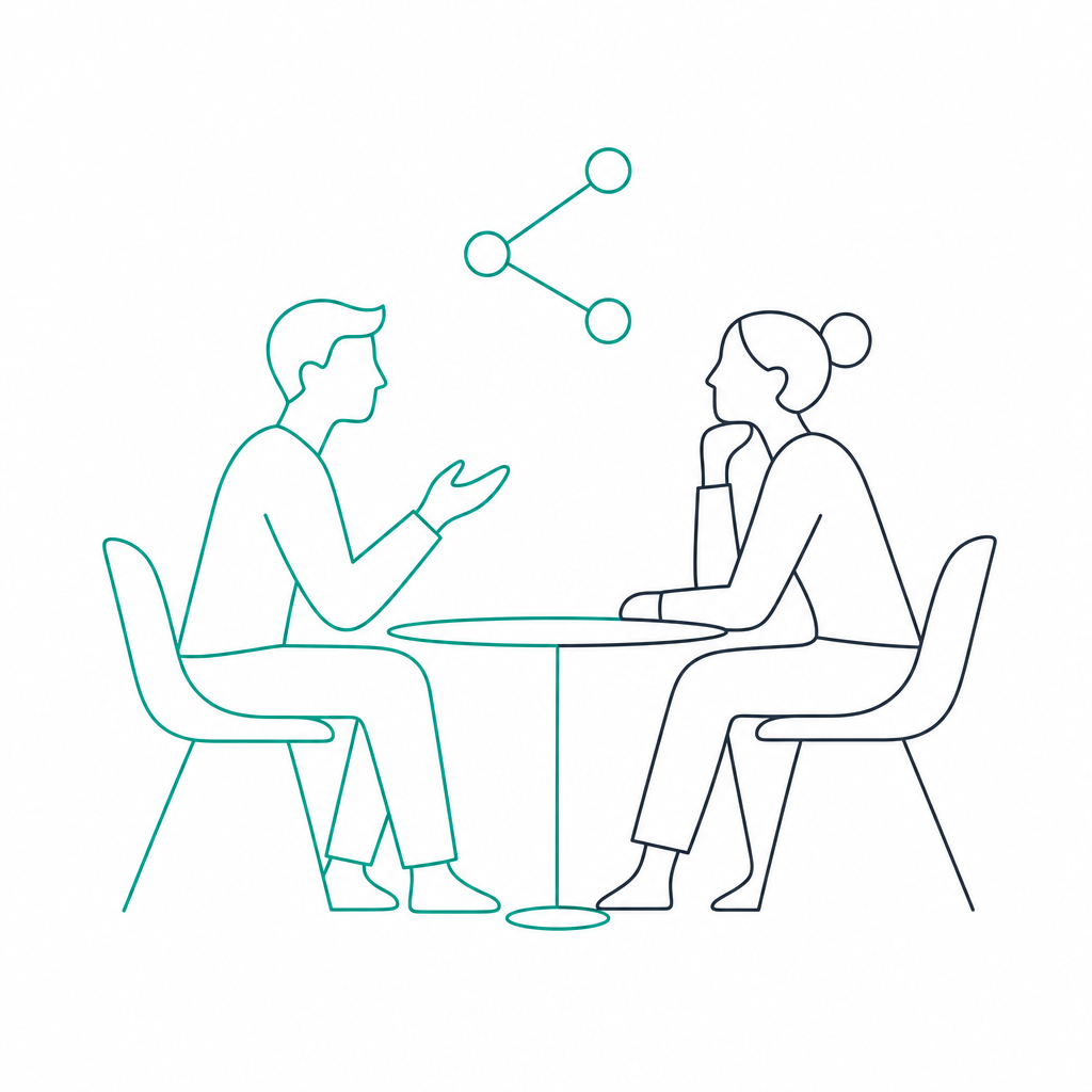 Two professionals in conversation, connected by a network mark