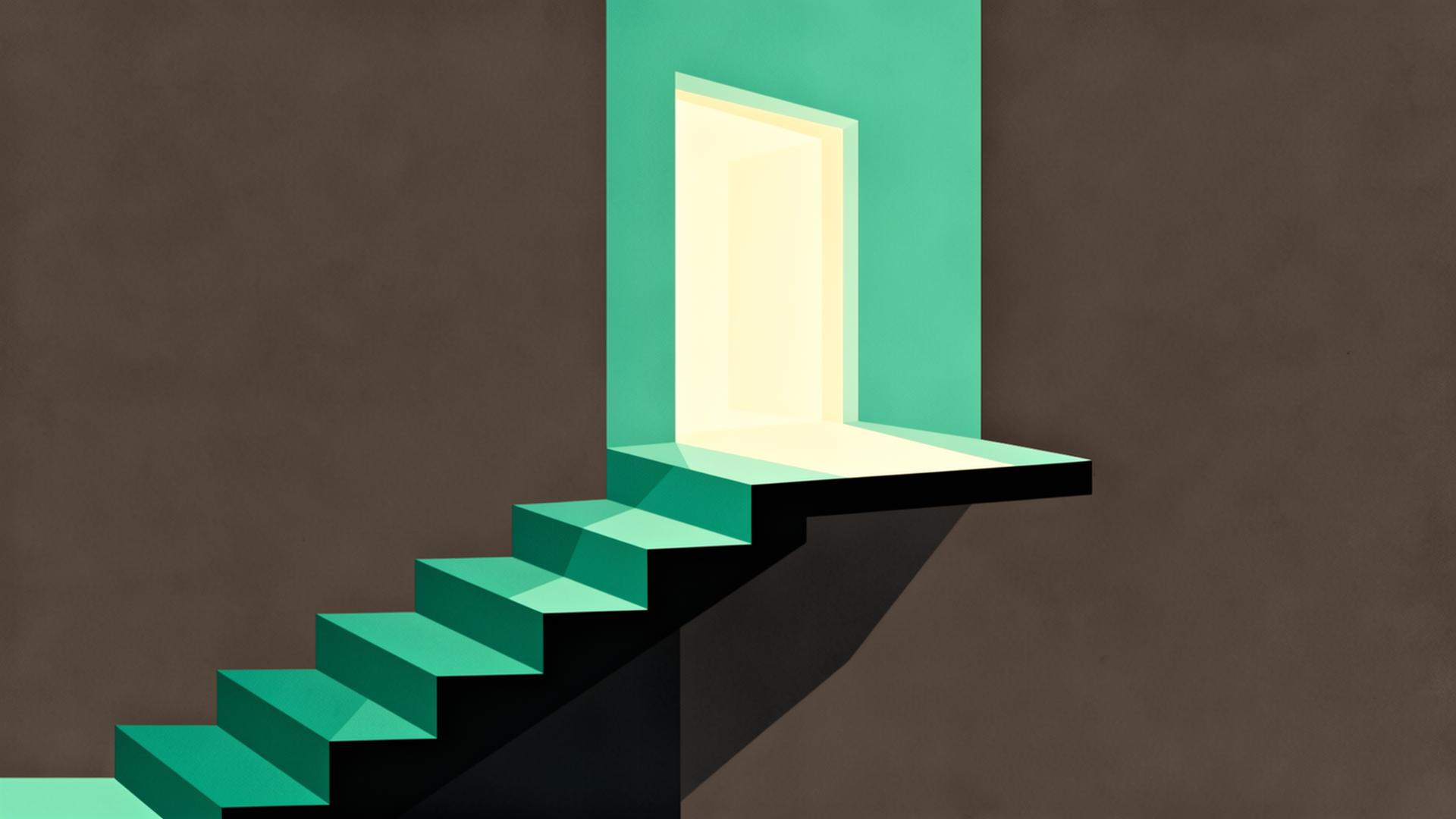 Editorial illustration of a staircase pausing on a landing in front of a softly lit doorway.