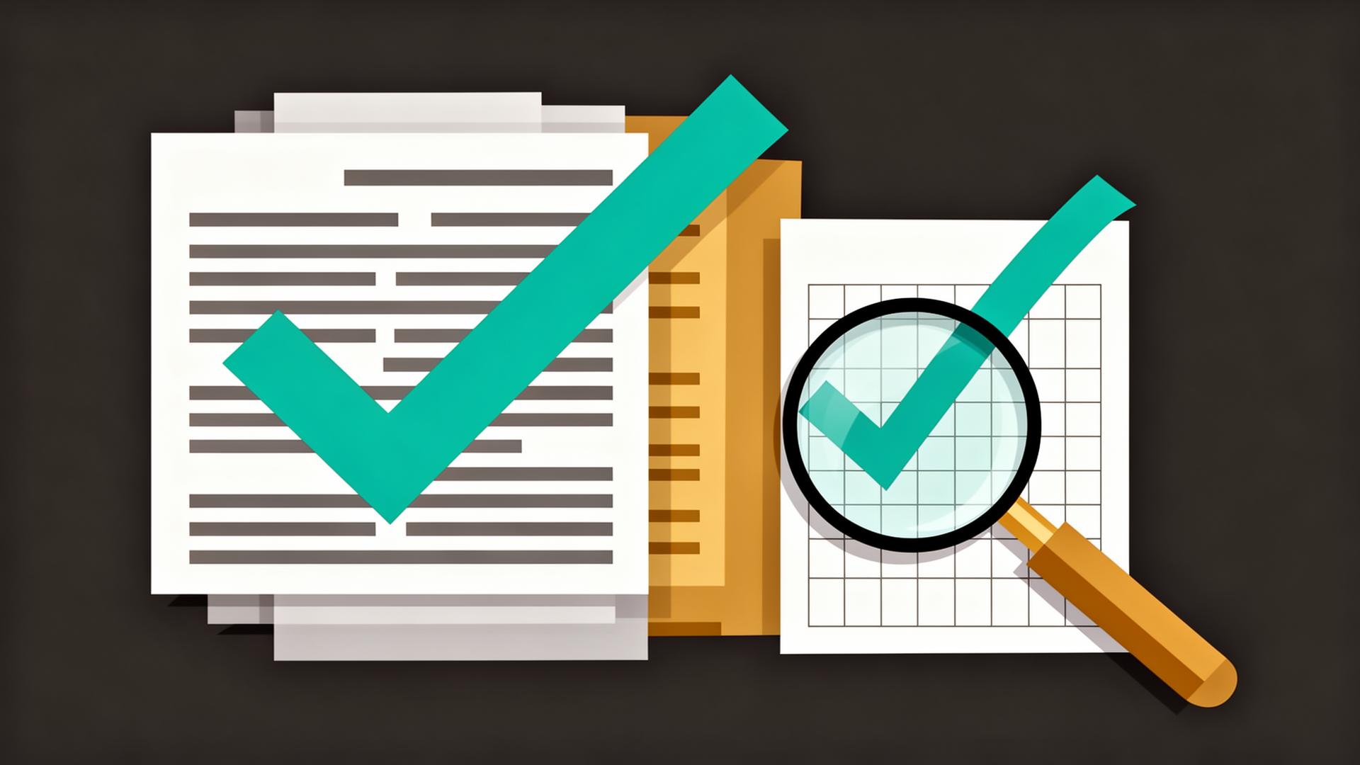 Editorial illustration of grant documents being reviewed with checkmarks and a magnifying glass.