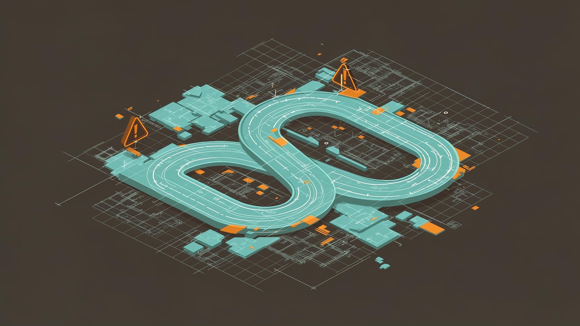 Abstract illustration of a winding road over a blueprint, representing a project recovery path.